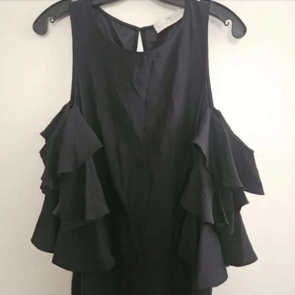 REVOLVE AMANDA UPRICHARD BLACK SILK COLD SHOULDER RUFFLE SLEEVE BELTED DRESS - Picture 5 of 12